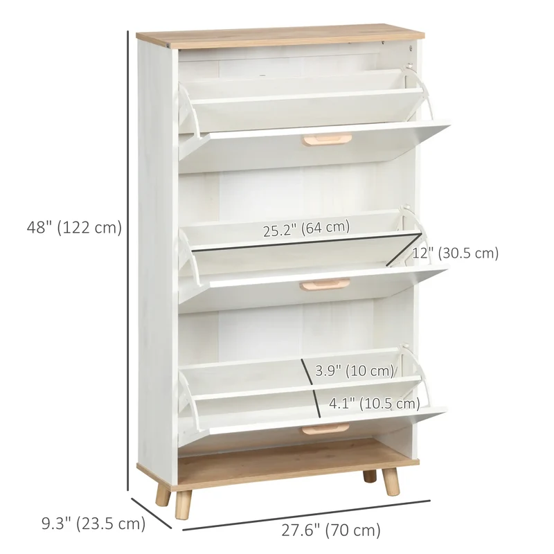 Modern Shoe Cabinet, 3 Flip Drawers, Adjustable Shelf, 12 Pair, White
