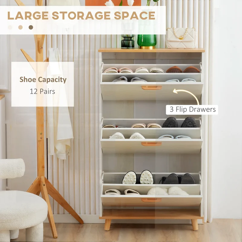 Modern Shoe Cabinet, 3 Flip Drawers, Adjustable Shelf, 12 Pair, White