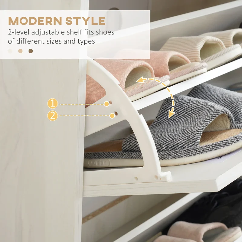 Modern Shoe Cabinet, 3 Flip Drawers, Adjustable Shelf, 12 Pair, White