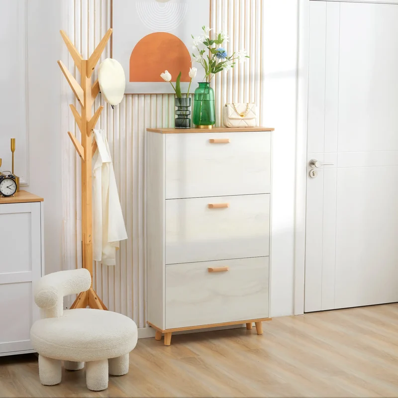 Modern Shoe Cabinet, 3 Flip Drawers, Adjustable Shelf, 12 Pair, White