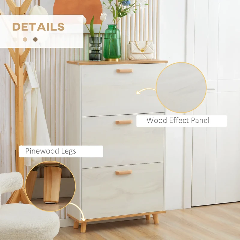 Modern Shoe Cabinet, 3 Flip Drawers, Adjustable Shelf, 12 Pair, White