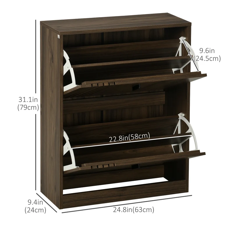 Shoe Storage Cabinet, 12 Pairs, 2 Flip Drawers, Adjustable Shelves, Walnut