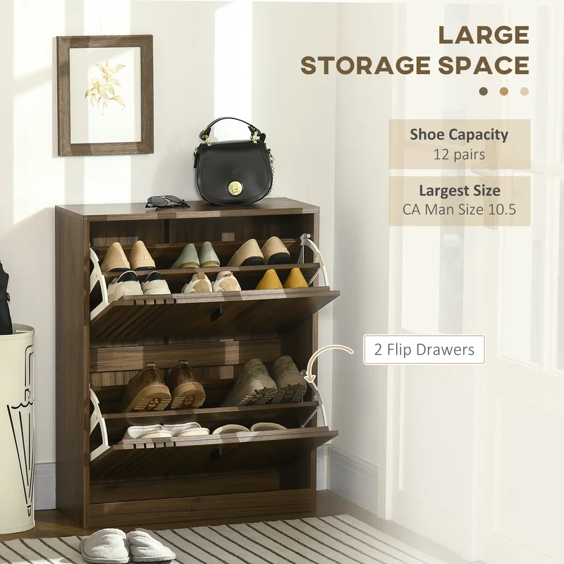 Shoe Storage Cabinet, 12 Pairs, 2 Flip Drawers, Adjustable Shelves, Walnut
