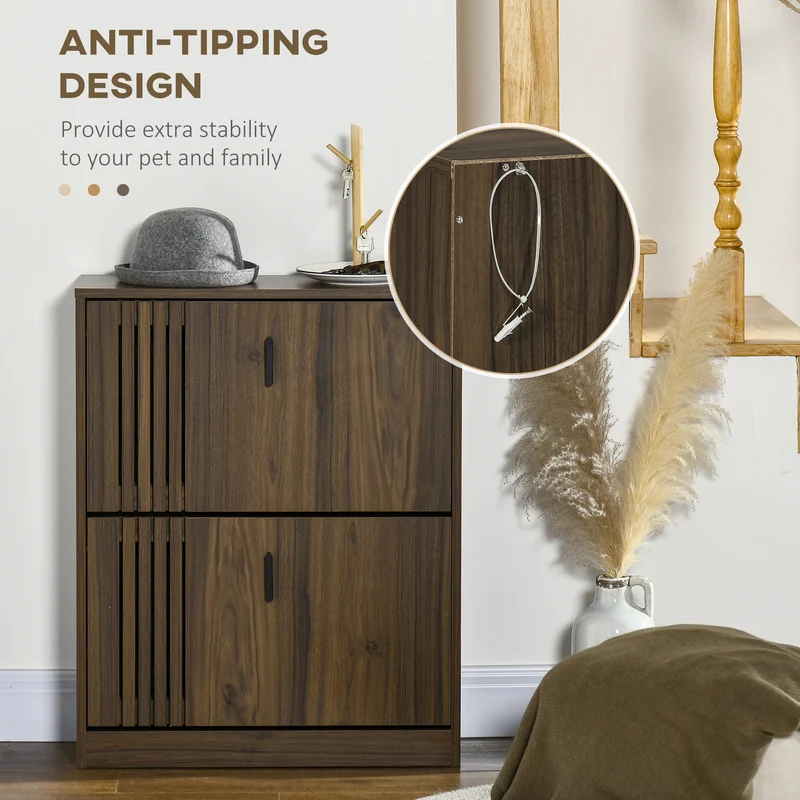 Shoe Storage Cabinet, 12 Pairs, 2 Flip Drawers, Adjustable Shelves, Walnut