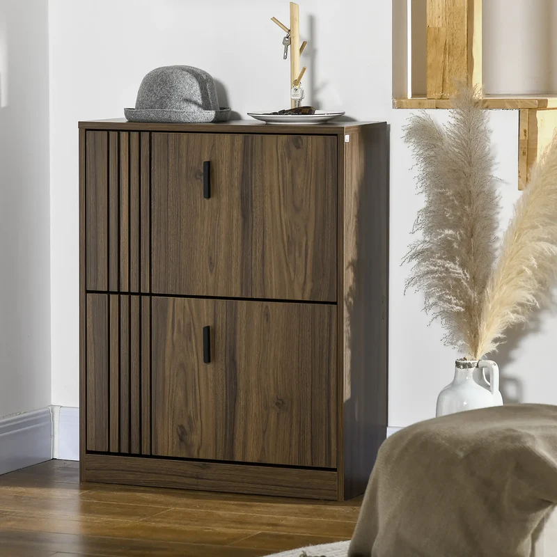 Shoe Storage Cabinet, 12 Pairs, 2 Flip Drawers, Adjustable Shelves, Walnut