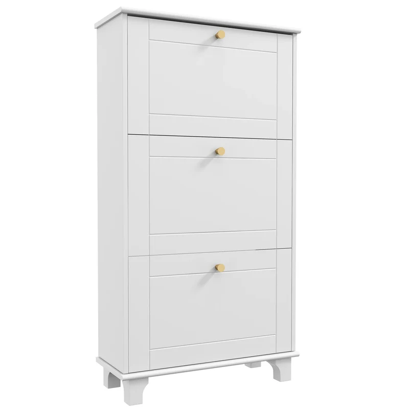 Narrow Shoe Storage, 3 Flip Drawers, Adjustable Shelves, Holds 12 Pairs, White