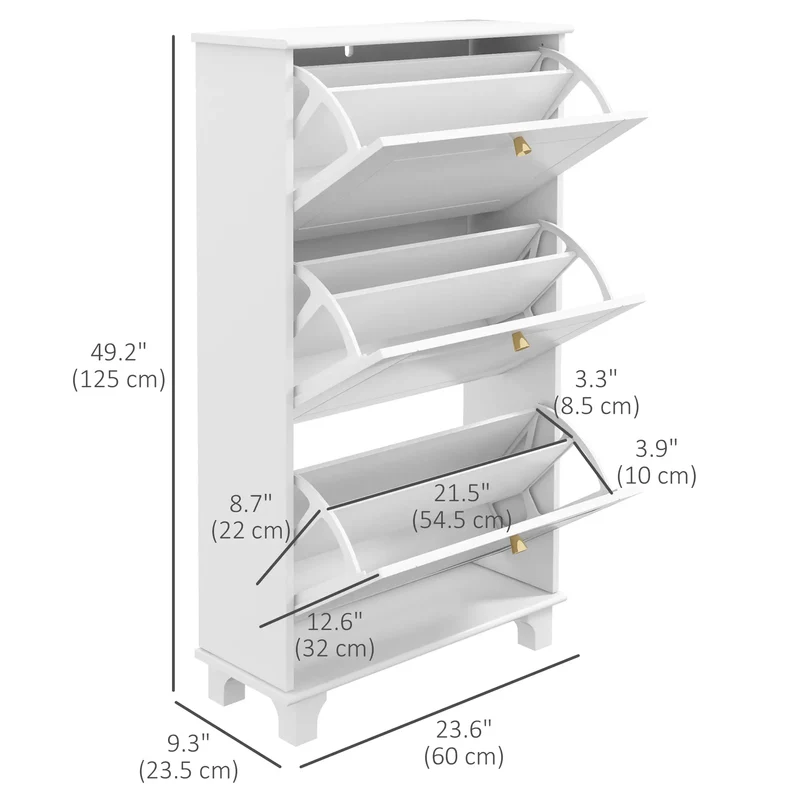 Narrow Shoe Storage, 3 Flip Drawers, Adjustable Shelves, Holds 12 Pairs, White