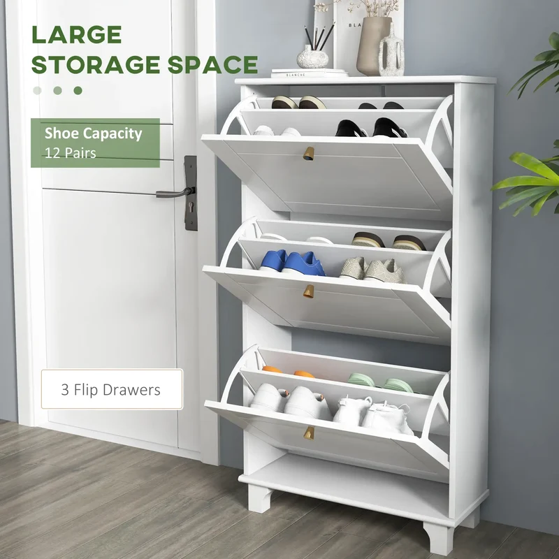 Narrow Shoe Storage, 3 Flip Drawers, Adjustable Shelves, Holds 12 Pairs, White