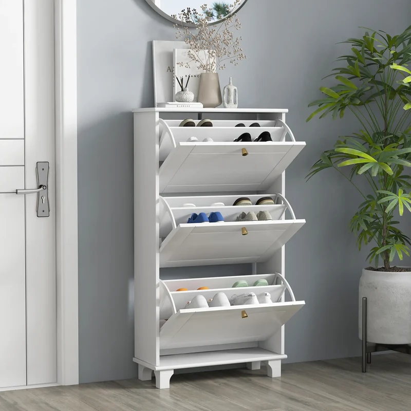 Narrow Shoe Storage, 3 Flip Drawers, Adjustable Shelves, Holds 12 Pairs, White
