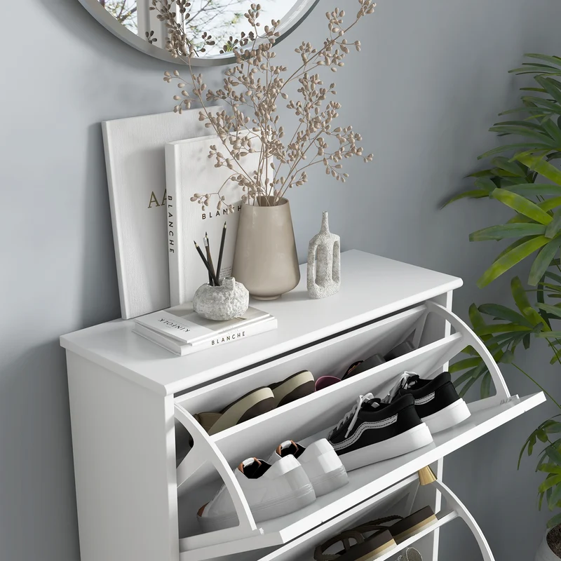 Narrow Shoe Storage, 3 Flip Drawers, Adjustable Shelves, Holds 12 Pairs, White