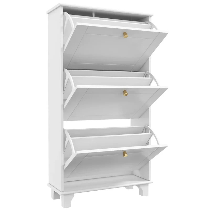 Narrow Shoe Storage, 3 Flip Drawers, Adjustable Shelves, Holds 12 Pairs, White