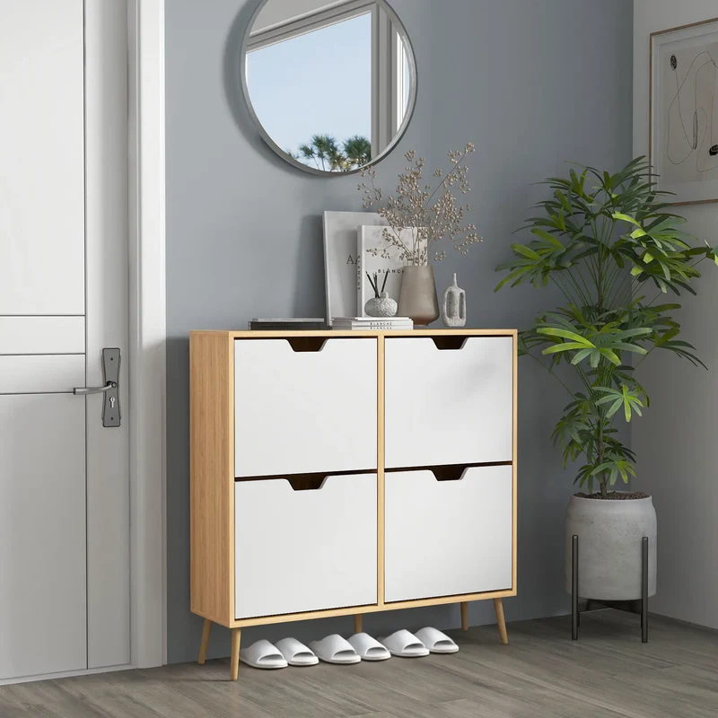 Shoe Storage Cabinet, 4 Flip Drawers, Adjustable Shelf, Holds 8-16 Pairs, Natural