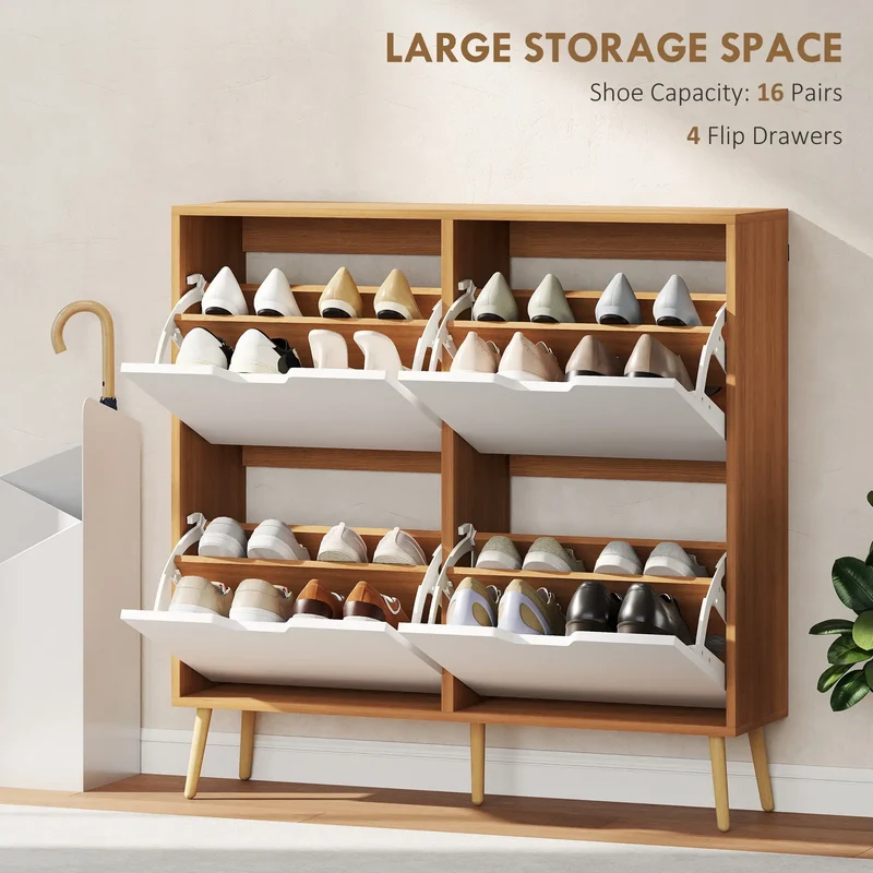 Shoe Storage Cabinet, 4 Flip Drawers, Adjustable Shelf, Holds 8-16 Pairs, Natural