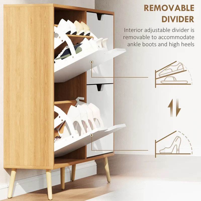Shoe Storage Cabinet, 4 Flip Drawers, Adjustable Shelf, Holds 8-16 Pairs, Natural