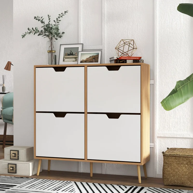 Shoe Storage Cabinet, 4 Flip Drawers, Adjustable Shelf, Holds 8-16 Pairs, Natural