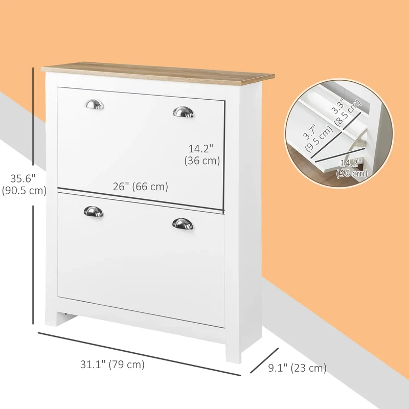 Entryway Shoe Cabinet, 2 Flip Drawers, Adjustable Shelves, 12 Pair, White