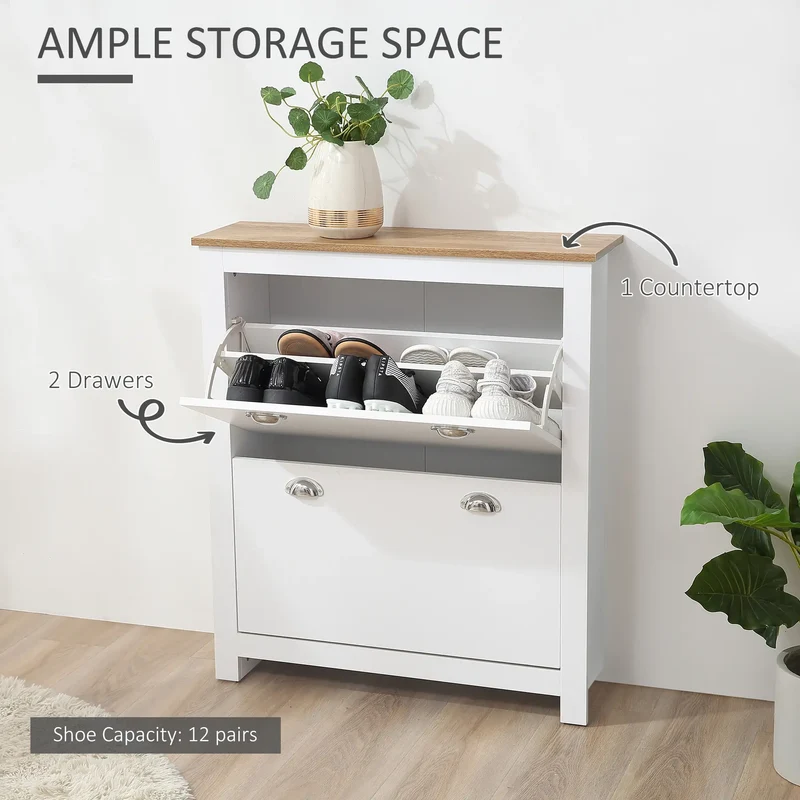 Entryway Shoe Cabinet, 2 Flip Drawers, Adjustable Shelves, 12 Pair, White
