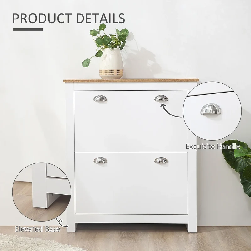 Entryway Shoe Cabinet, 2 Flip Drawers, Adjustable Shelves, 12 Pair, White