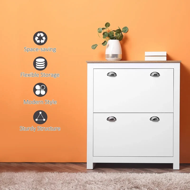 Entryway Shoe Cabinet, 2 Flip Drawers, Adjustable Shelves, 12 Pair, White
