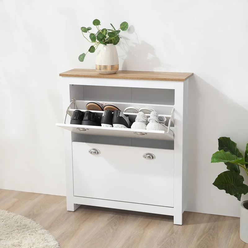 Entryway Shoe Cabinet, 2 Flip Drawers, Adjustable Shelves, 12 Pair, White