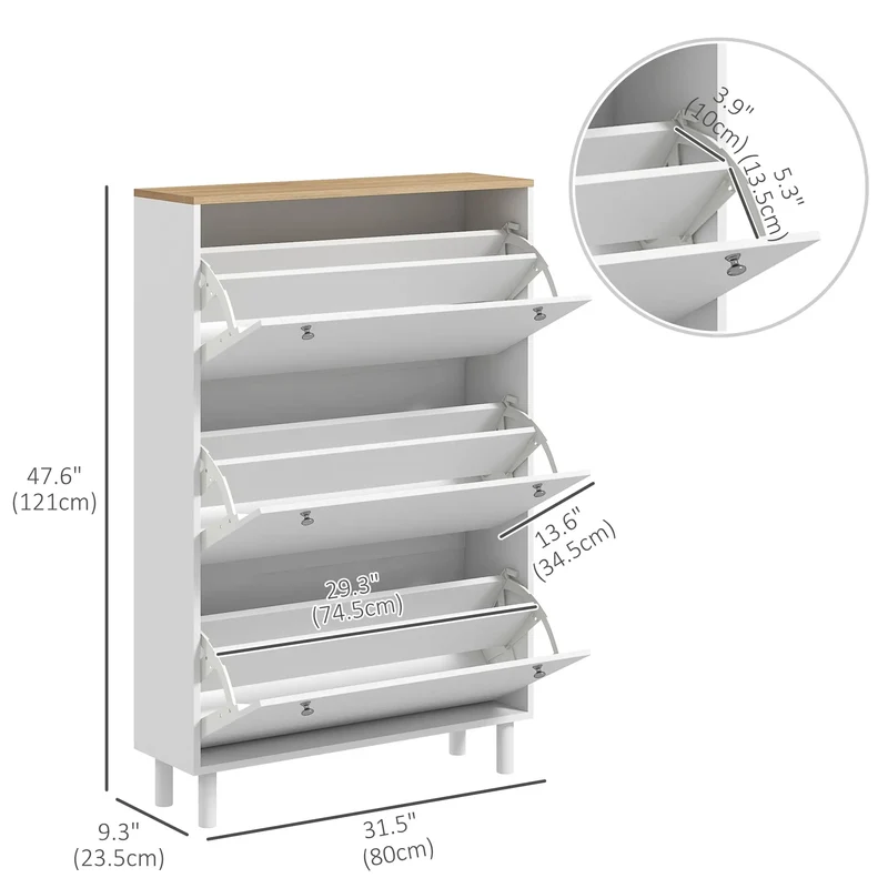 Shoe Storage, 3 Flip Drawers, Adjustable Shelves, 24 Pairs, White