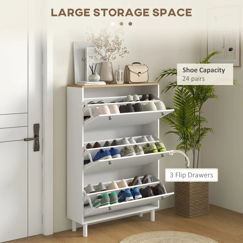 Shoe Storage, 3 Flip Drawers, Adjustable Shelves, 24 Pairs, White