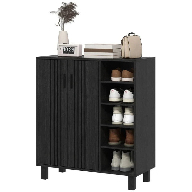 Double Door Shoe Storage, Open Shelves, 17 Pair Organizer, Black
