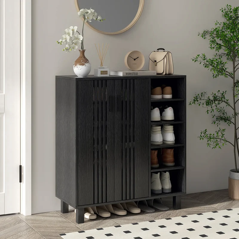 Double Door Shoe Storage, Open Shelves, 17 Pair Organizer, Black