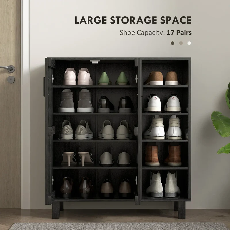 Double Door Shoe Storage, Open Shelves, 17 Pair Organizer, Black