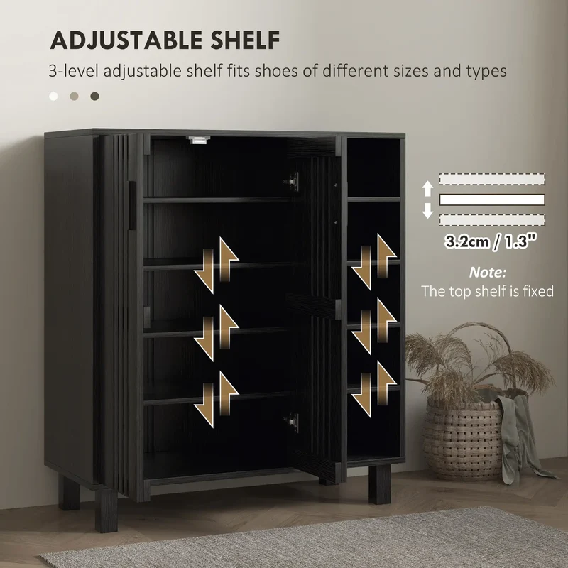 Double Door Shoe Storage, Open Shelves, 17 Pair Organizer, Black