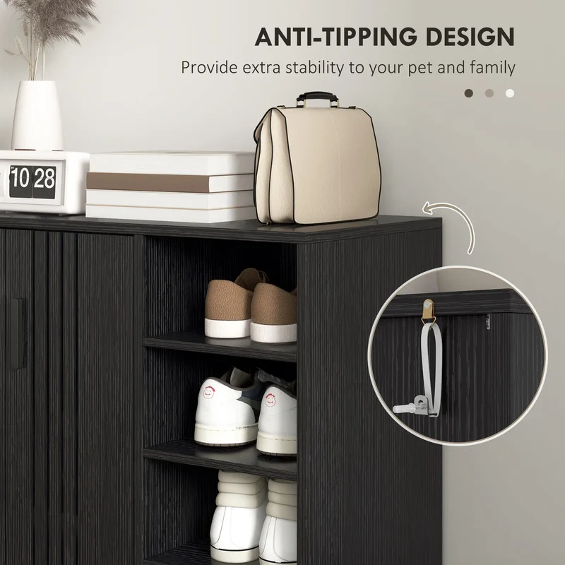 Double Door Shoe Storage, Open Shelves, 17 Pair Organizer, Black