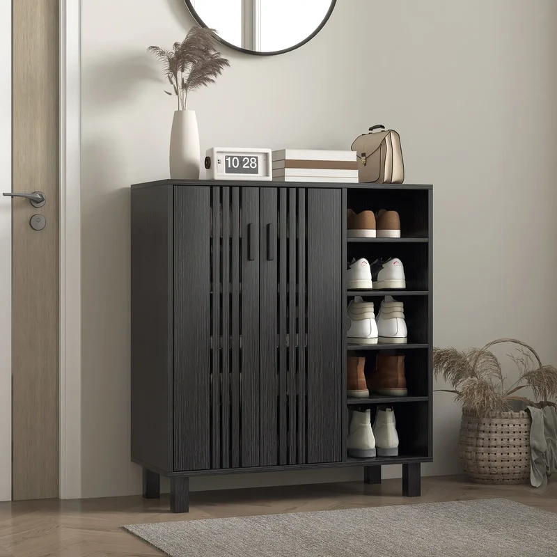 Double Door Shoe Storage, Open Shelves, 17 Pair Organizer, Black