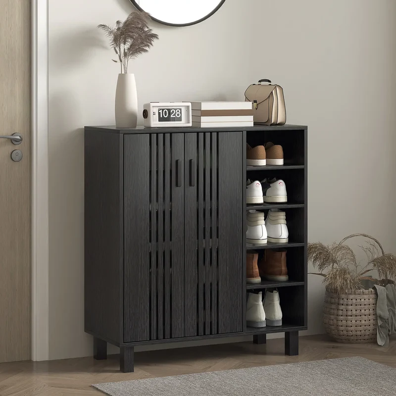 Double Door Shoe Storage, Open Shelves, 17 Pair Organizer, Black