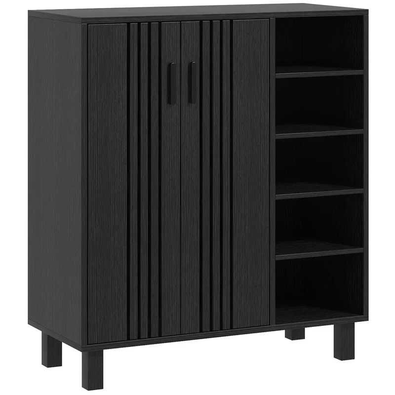 Double Door Shoe Storage, Open Shelves, 17 Pair Organizer, Black