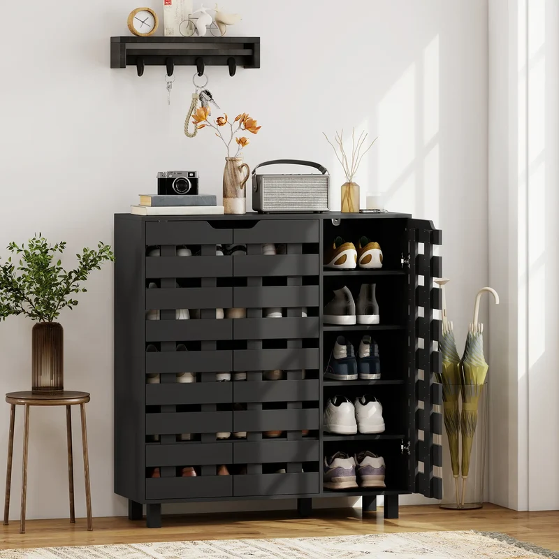 Shoe Cabinet, 20 Pair Storage with Hollowed-Out Doors, Black