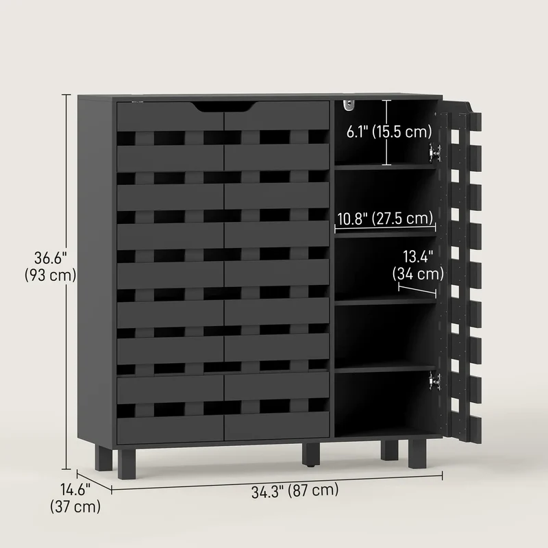Shoe Cabinet, 20 Pair Storage with Hollowed-Out Doors, Black