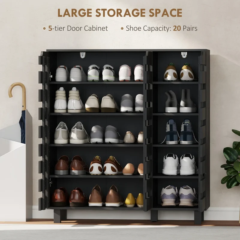 Shoe Cabinet, 20 Pair Storage with Hollowed-Out Doors, Black