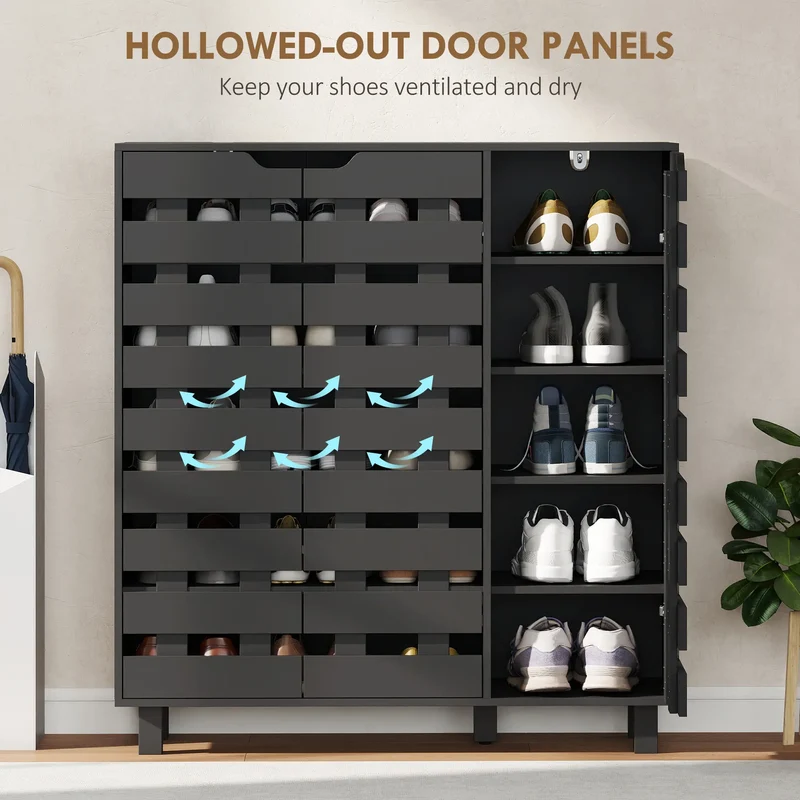 Shoe Cabinet, 20 Pair Storage with Hollowed-Out Doors, Black