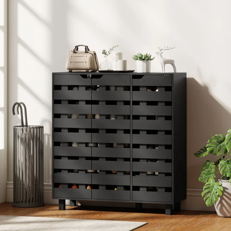 Shoe Cabinet, 20 Pair Storage with Hollowed-Out Doors, Black