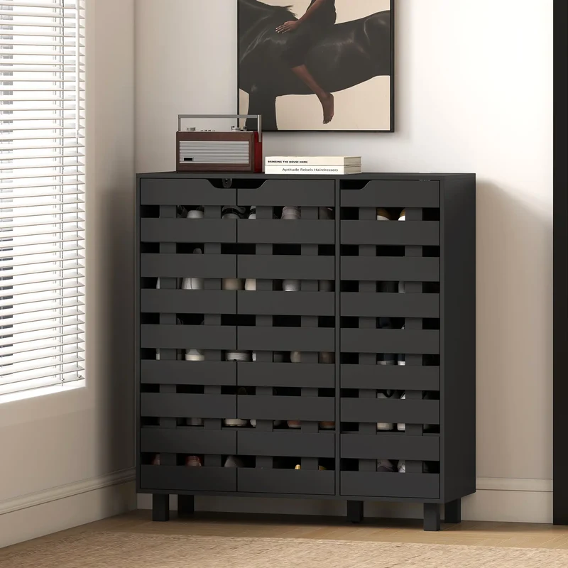 Shoe Cabinet, 20 Pair Storage with Hollowed-Out Doors, Black