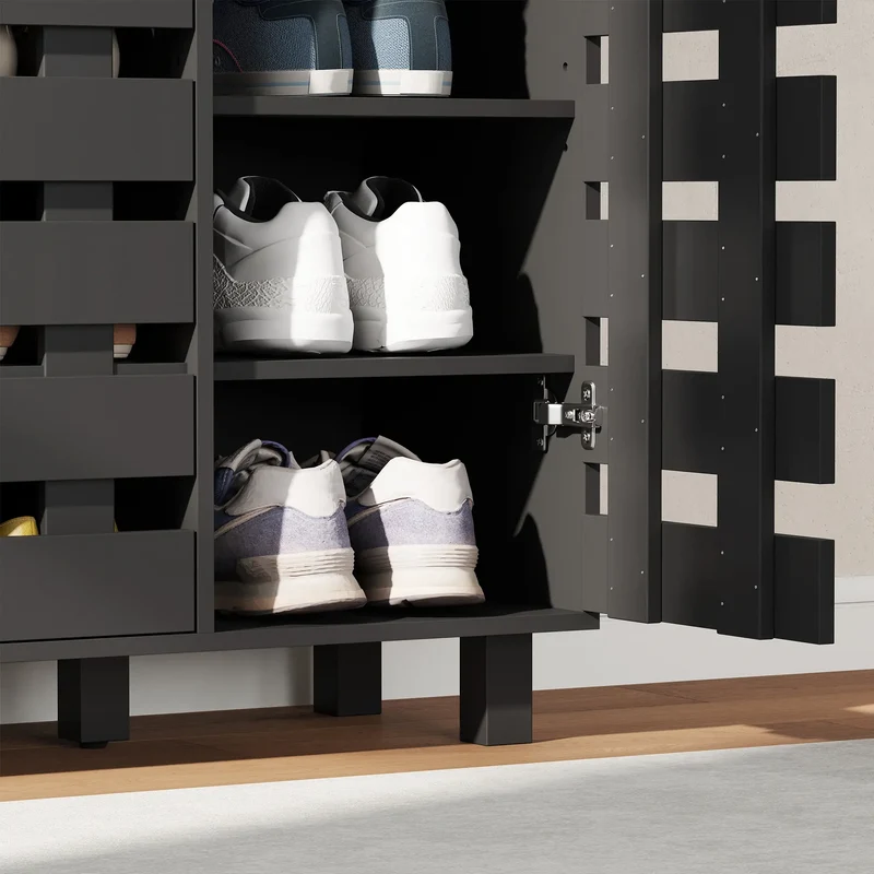 Shoe Cabinet, 20 Pair Storage with Hollowed-Out Doors, Black