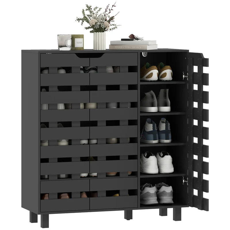 Shoe Cabinet, 20 Pair Storage with Hollowed-Out Doors, Black