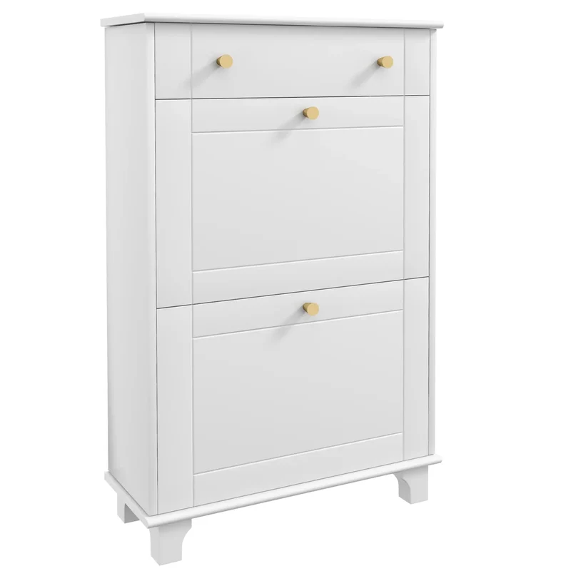 Slim Shoe Storage, 2 Flip Drawers, Adjustable Shelves, 8 Pair, White