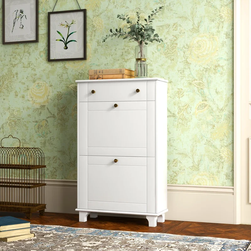 Slim Shoe Storage, 2 Flip Drawers, Adjustable Shelves, 8 Pair, White
