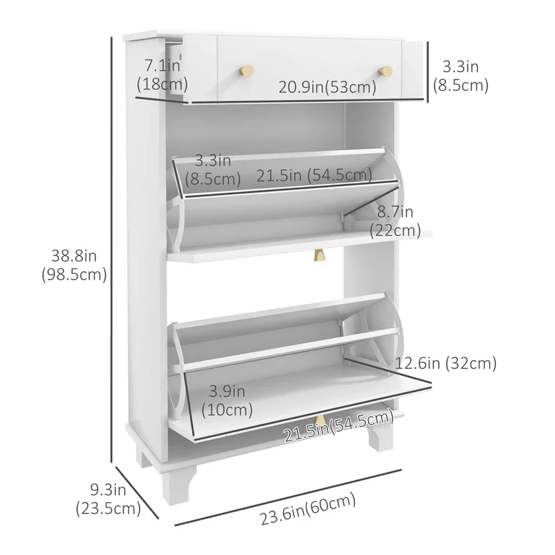 Slim Shoe Storage, 2 Flip Drawers, Adjustable Shelves, 8 Pair, White