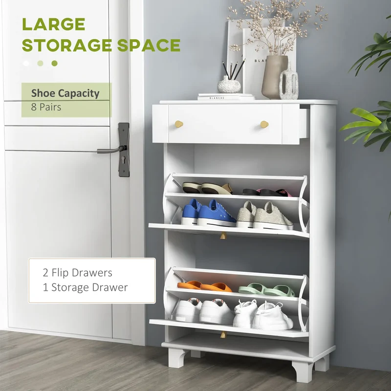 Slim Shoe Storage, 2 Flip Drawers, Adjustable Shelves, 8 Pair, White