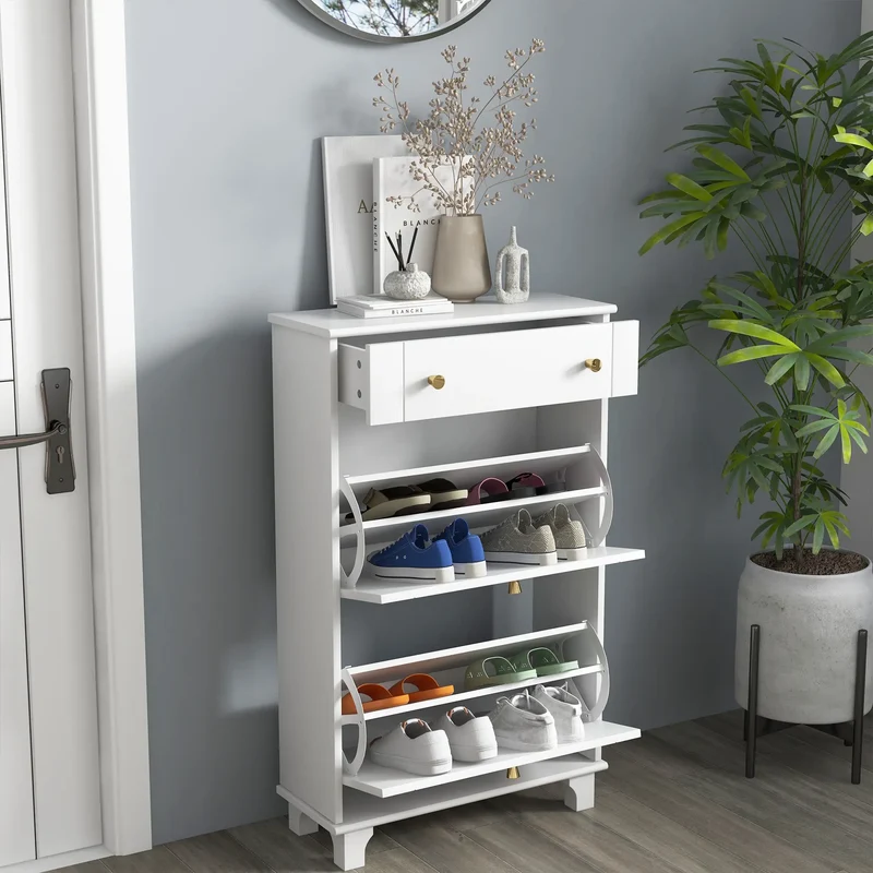 Slim Shoe Storage, 2 Flip Drawers, Adjustable Shelves, 8 Pair, White