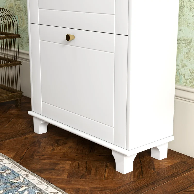 Slim Shoe Storage, 2 Flip Drawers, Adjustable Shelves, 8 Pair, White