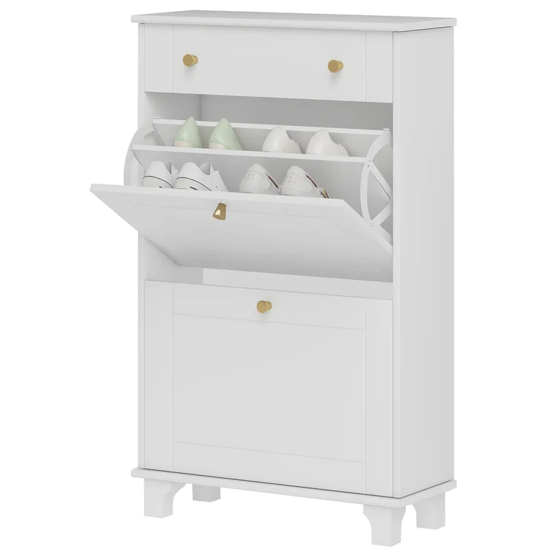 Slim Shoe Storage, 2 Flip Drawers, Adjustable Shelves, 8 Pair, White