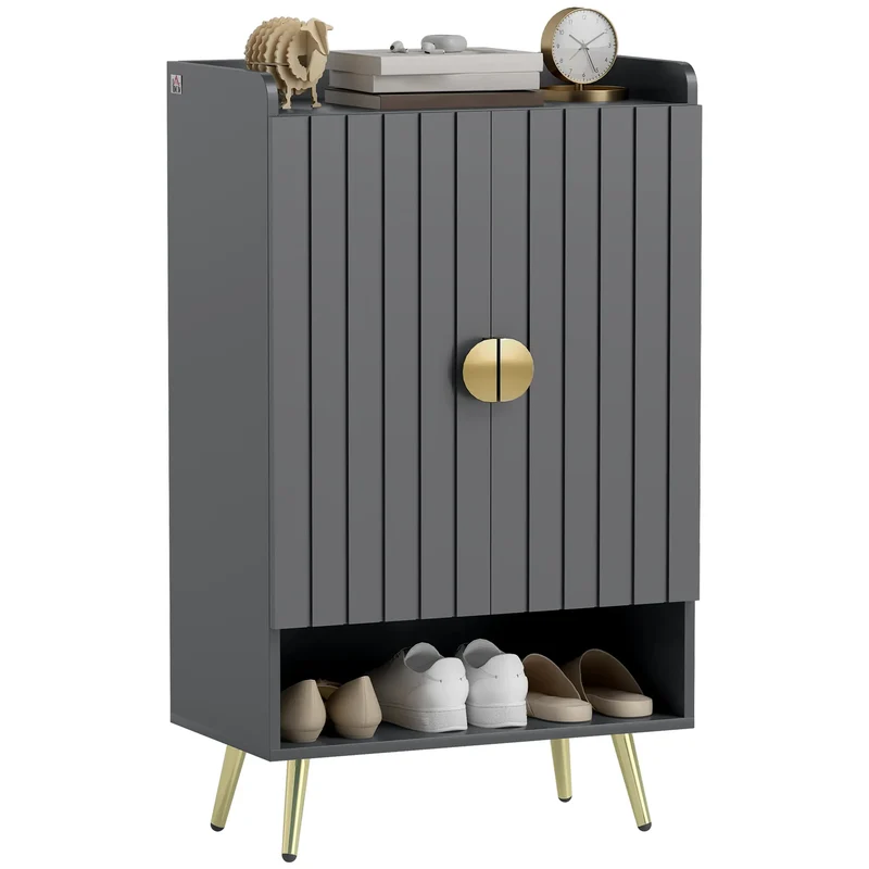 Narrow Shoe Storage Cabinet, Adjustable Shelves, Open Shelf, 15 Pairs, Grey